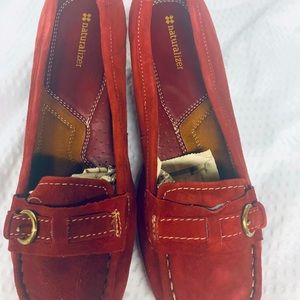 Ladies Red suede loafers. New